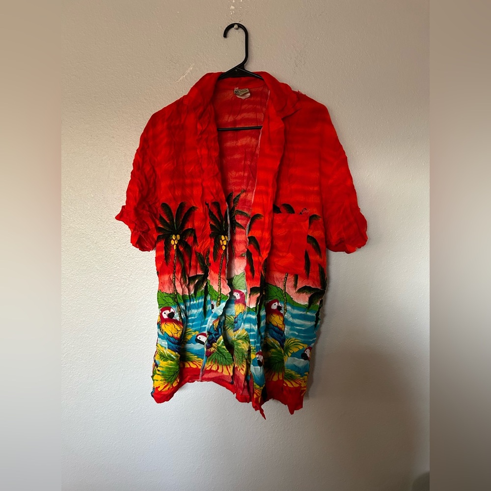 Red Tropical Button-Down Shirt with Parrot Print